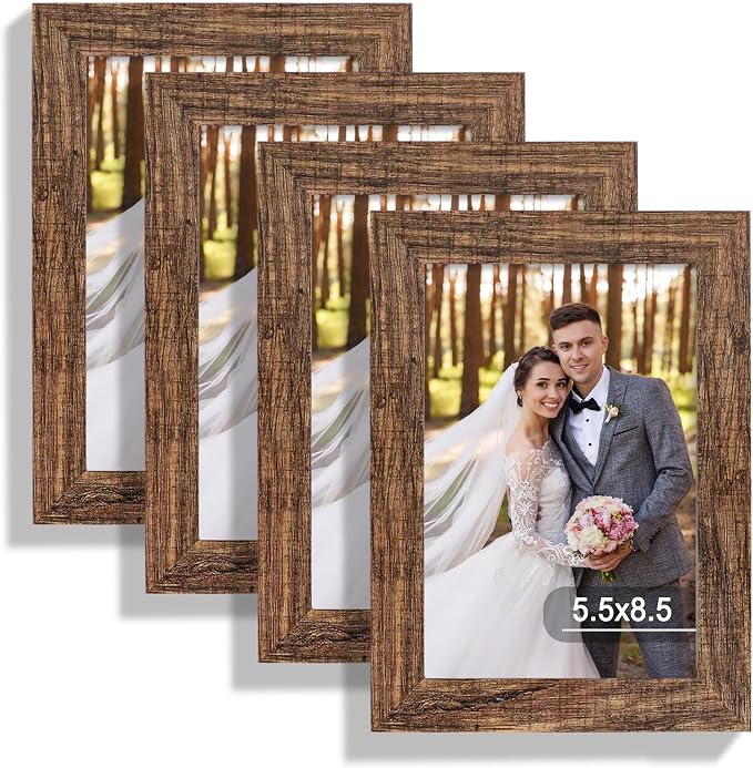 Hongkee 5.5 x 8.5 Diploma Frame Set of 4, Made of Real Glass and Rustic Brown Frame, 5.5 by 8.5 Photo for Wall or Tabletop