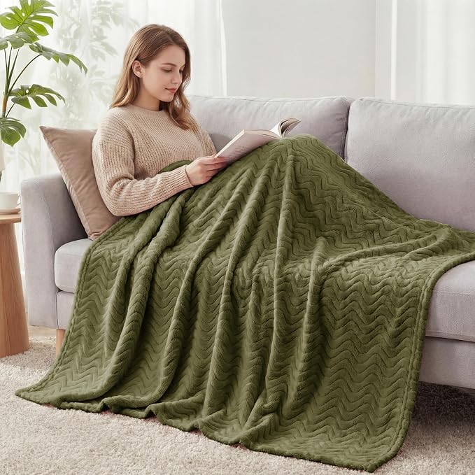 Exclusivo Mezcla Soft Fleece Blanket Queen Size for Bed, Sofa, Olive Green | 90"x90" Breathable Lightweight Flannel Blanket for Summer, Plush Cozy Jacquard Wave for Home Decor