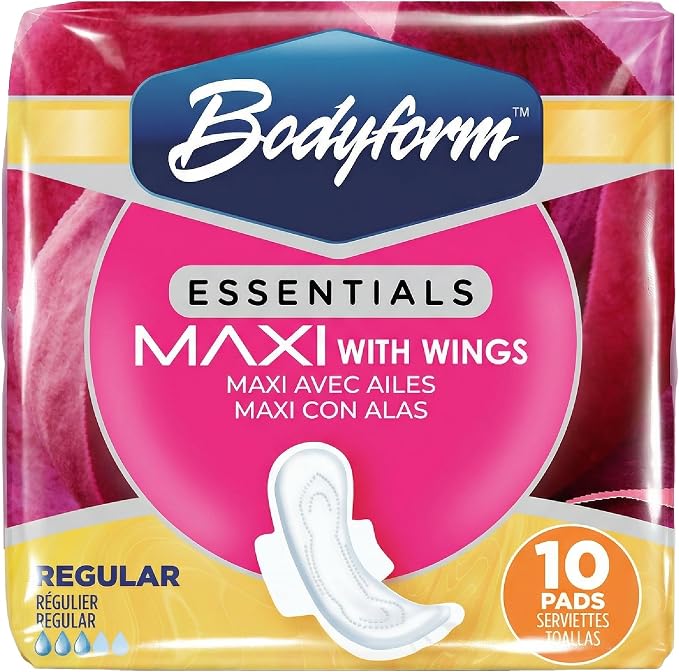 Bodyform Essentials Maxi Pads with Wings | 10 Count, Sanitary Pads for Women, Super-Soft & Leak-Proof Period Pads, Advanced Absorbent Core with Wings | Regular