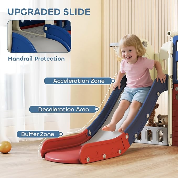 Qaba 8 in 1 Toddler Slide Set, Kids Climber Slider with Basketball Hoop and Ball, Ring Toss, Telescope, Storage, Outdoor Indoor Playground for Toddlers Aged 1-6