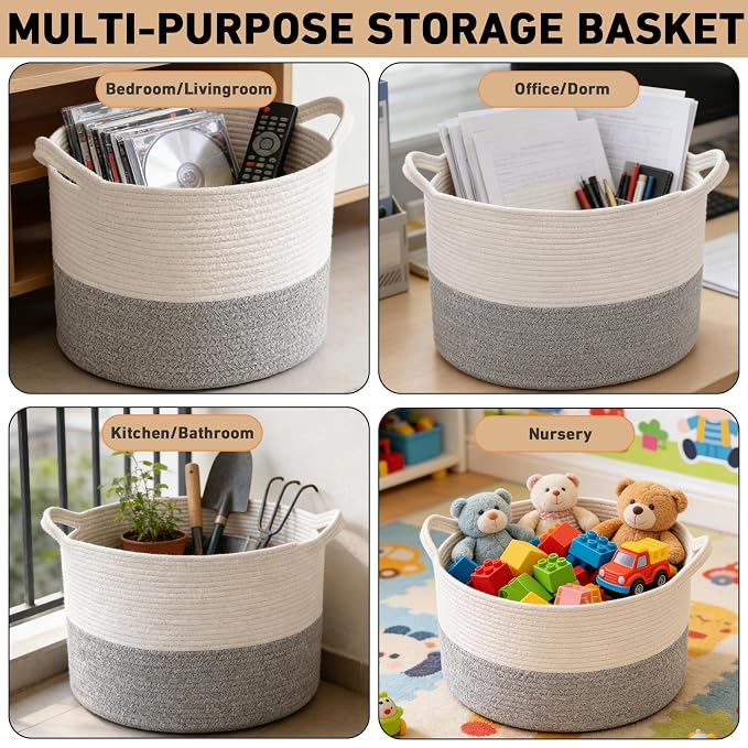 115L Extra Large Blanket Basket, Woven Laundry Basket-White&Grey | Collapsible, reinforced handles, nursery storage bin organizes clothes, toys and pillows for living room, bedroom bathroom
