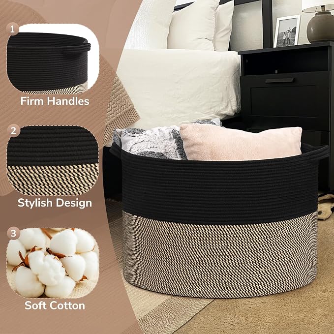 Goodpick 115L Extra Large Blanket Basket, Kids Toy Storage for Nusery Room | 23.5 x 23.5 x 15.8 In Woven Basket for Storage, Kids Toy Storage for Playroom, Laundry Basket for Towels, Black & Mix Jute