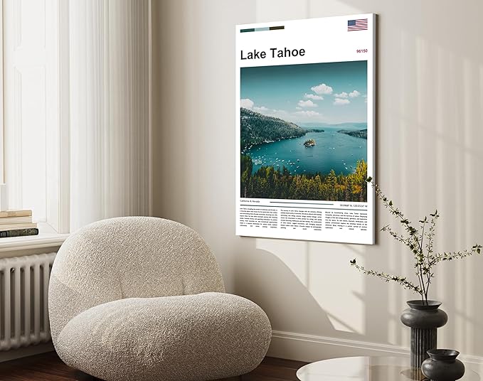 Poster Lake Tahoe Wall Art Original Design(24"x16" Metal Frame) Emerald Bay California Nevada Landscape Print Sierra Nevada Mountains Nature Scenery Alpine Lake View Travel Photography Picture