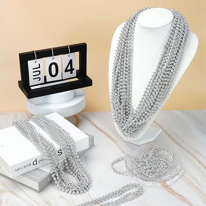 120 PCS Silver Bead Necklaces, Silver Mardi Gras Beads Christmas Necklace, Patriotic Necklaces, 33 Inch Beaded Necklace for Mardi Gras Christmas Party, 4th of July and New Year Eve Festive Events