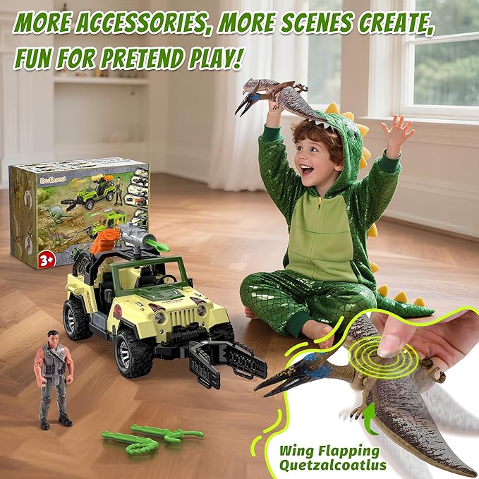 EKU Dinosaur Truck with 10 Sounds, Capture Net, Clamp, Launcher, Wing Flapping Quetzalcoatlus Figure, Human, Push and Go Adventure Vehicle for Jurassic World Toys Pretend Play Gifts for Kids 3+
