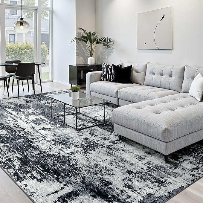 RELEANY Washable 6'x9' Abstract Area Rug for Living Room Black White | carpet for bedroom, kitchen, office, hallway and entryway, printed pattern, non-slip, soft, stain-resistant, easy to clean