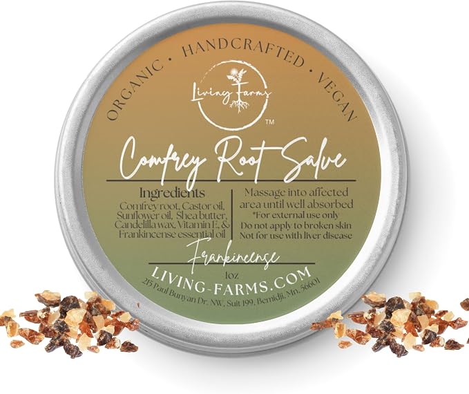 Comfrey Salve with Castor Oil & Frankincense - Aches, Sprains, Sore Muscles, Joints, Minor Pain -Vegan Friendly Natural Healing Balm - Handmade in The USA (1oz, Frankincense)