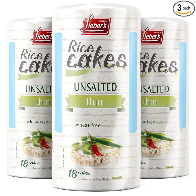 Lieber's Unsalted Rice Cakes, Gluten Free, Vegan, Kosher Certified, 3-Pack | Dairy Free and Wheat Free, Made with Whole-grain Brown Rice and Baked to Crispy Perfection for an Easy Crunchy Snack, 3.1 Oz.