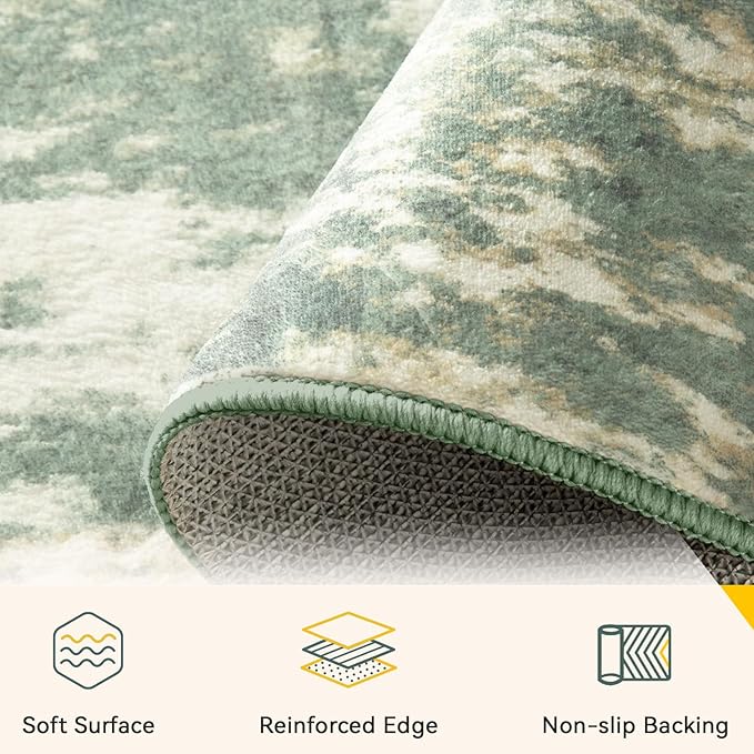 RELEANY Washable 7'x9' Abstract Area Rug for Living Room Light Green | carpet for bedroom, kitchen, office, hallway and entryway, printed pattern, non-slip, soft, stain-resistant, easy to clean