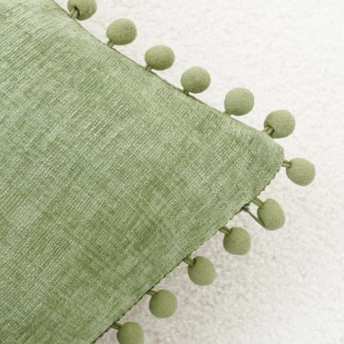 CaliTime Decorative Couch Throw Pillow Covers 22 X 22 Inches Sage | Pack of 2, Cozy Chenille Cushion Cases, with Pom Poms for Sofa Bed Living Room Farmhouse Home