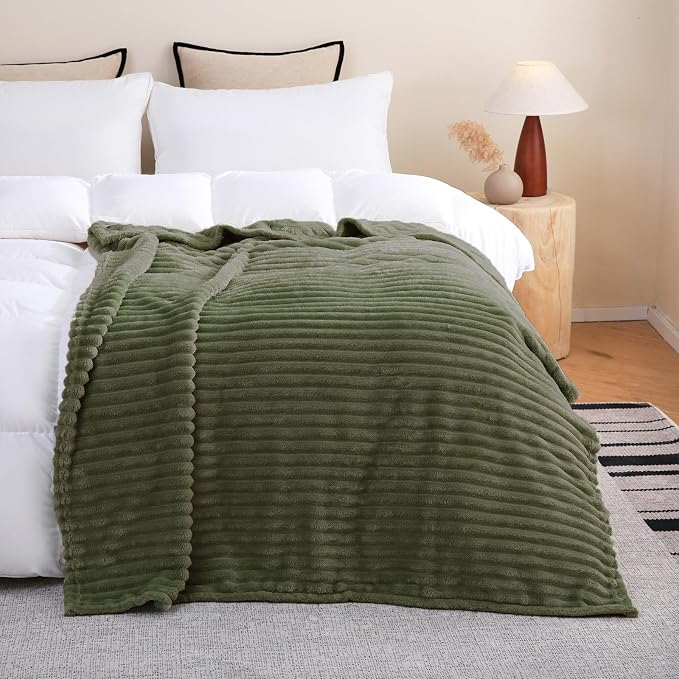 Olive Green Fleece Throw Blanket 90”×90” for Couch Sofa Livingroom | Super Soft Cozy Plush Microfiber Flannel Bed Blanket Striped Design Lightweight Home Decor Gifts for Adults Mom Women