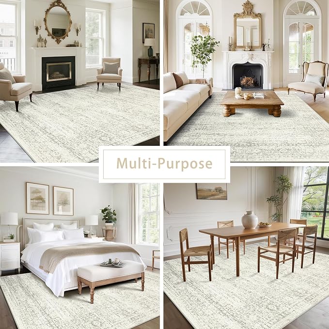 Srugn Washable Rugs 9x12 Area Rugs for Living Room,Bedroom,Dining Room- Large Ultra Soft Faux Wool Retro Carpets,Non Slip&Non-Shedding Low Pile Vintage Print Rug for Home Office Decor- Beige