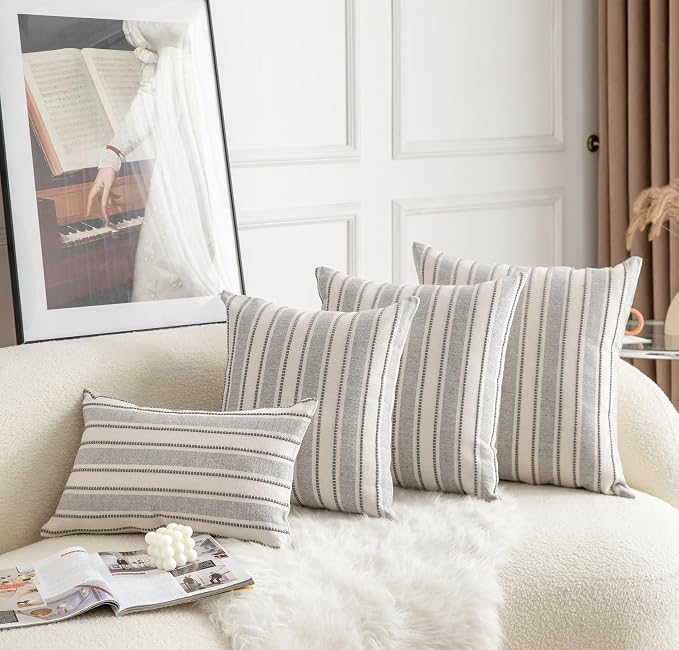 Cethom Decorative Boho Throw Pillow Covers, Farmhouse Textured Pillow Case, 18 x 18 Inch Set of 2, Chair Sofa Bedroom Living Room Home Decor Couch Cushion Case, Grey and Beige Striped