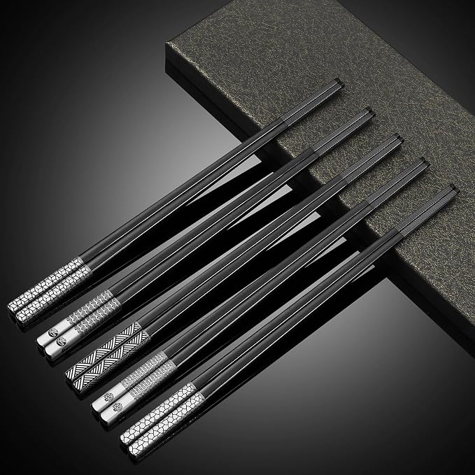 Stainless Steel Chopsticks Set-5 Pairs Reusable Metal Chopsticks 18/8 Dishwasher Safe, Non-Slip Laser Engraved Tips -Premium Japanese Korean Style Titanium Plated Black Chop sticks -Gift Box