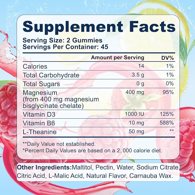 Magnesium Bisglycinate Gummies 400mg Chelated Magnesium with Vitamin D3 B6 and L-Theanine Sleep Support Calm, Muscle Relaxation Bone Health, 90 Gummies| 45 Day Supply, Lemon Raspberry Flavor