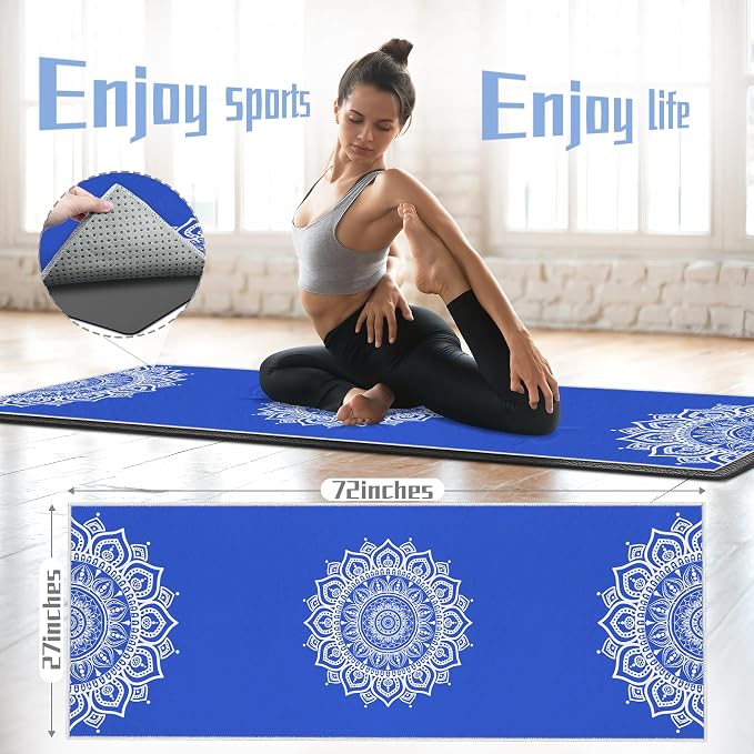 Yoga Towel,Absorbent Yoga Mat Towel for Hot Yoga Non Slip,Stylish Prints,Ideal for Workouts,Hot Yoga,Bikram,Pilates Equipment,72 x 27 in,Blue Mandala