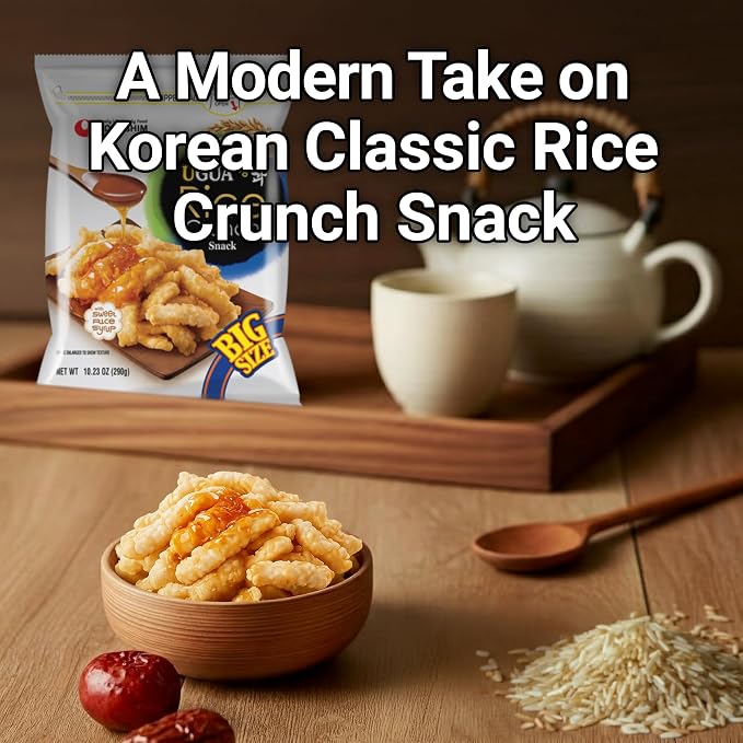 Nongshim Ugua Rice Crisps, Sweet Korean Snacks, Rice Crackers, 1 Pack | Korean rice snack with brown rice syrup glaze, crisp puffed texture, light honeyed sweetness