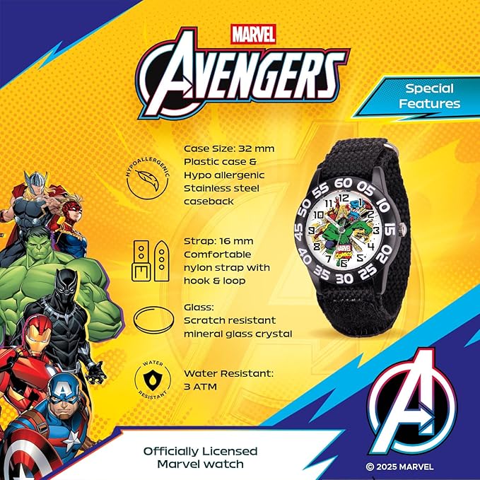 Marvel Superhero 2-Pack Watch Set for Kids Ages 4–7 – Featuring Captain America Shield and Hulk Dial Designs – Blue and Black Bezels with Matching Nylon Straps – GET 2 Mystery Bonus Watches