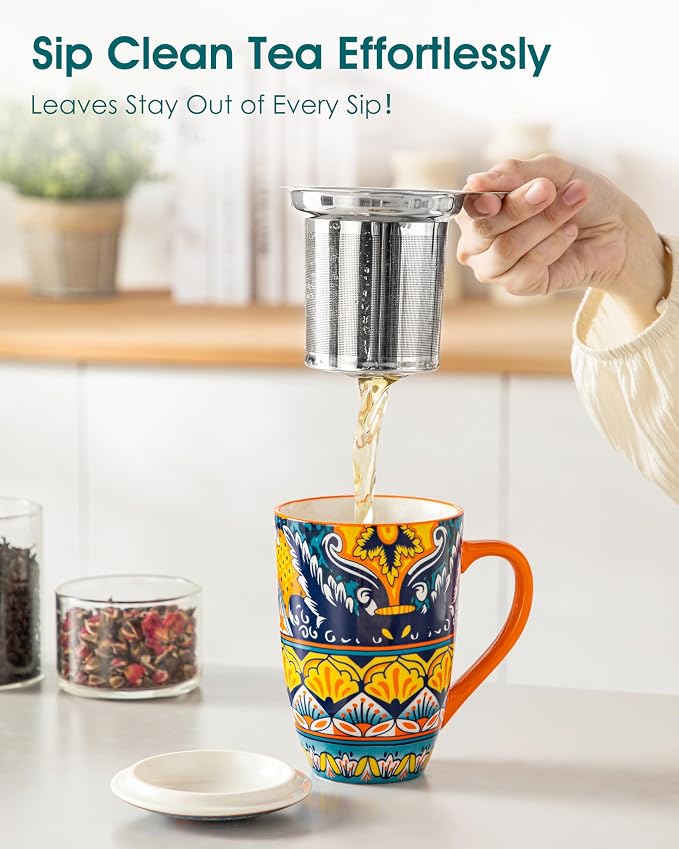 vancasso Ceramic Tea Cup with Infuser and Lid, 18 Ounce Tea Infuser Mug for Loose Leaf Tea, Microwave & Dishwasher Safe, Bohemian Mandala, Gift for Tea Lovers, Amber Iris Bloom