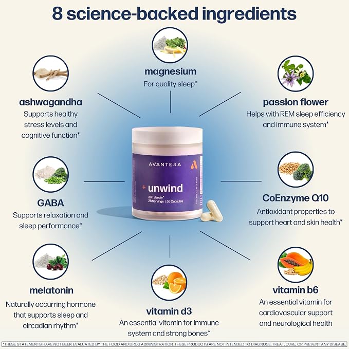 Avantera Unwind - Stress and Sleep Supplement for Adults - Support Healthy Stress Levels & Improve Sleep Efficiency - Magnesium, Melatonin, Ashwagandha, & More - 56 Vegan Capsules