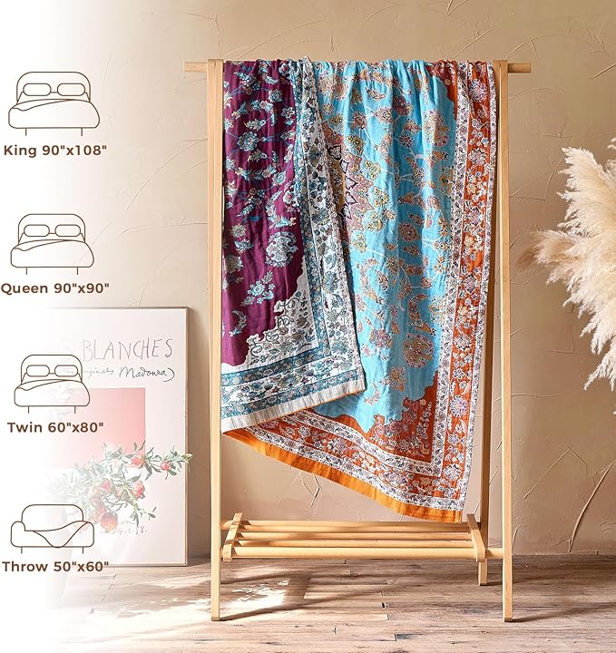 LUTBM Boho Throw Blanket for Couch 50"x60", Cotton Decorative Bed Throws | Reversible Vintage Florals Jacquard, All-Season Lightweight Soft Blankets, For Chair Sofa Bedroom Living Room, Home Decor