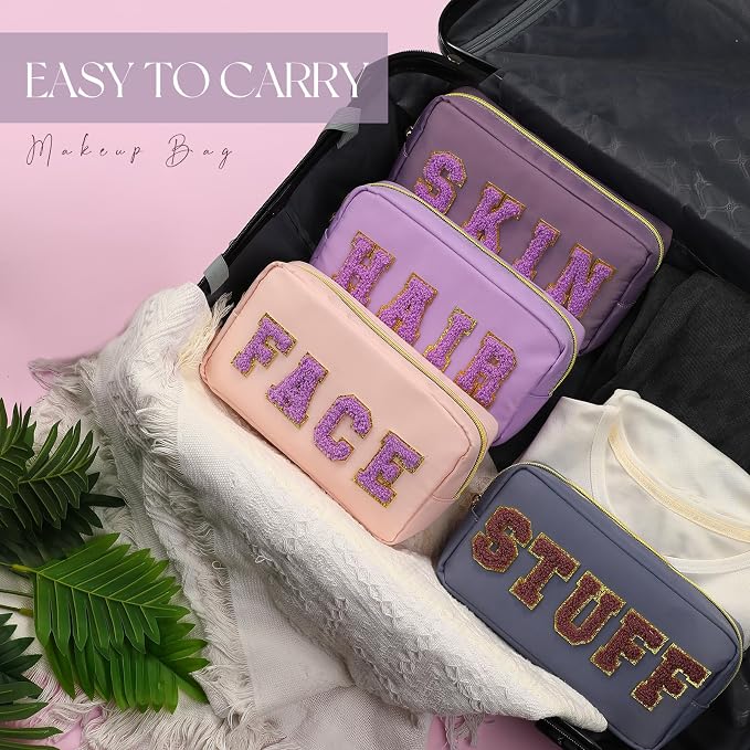 Preppy Makeup Bags Chenille Letter Stuff Bag Nylon Cosmetic Pouch Cases with Zipper for Women Travel Toiletry(Purple Set,Classic,4 Pcs)