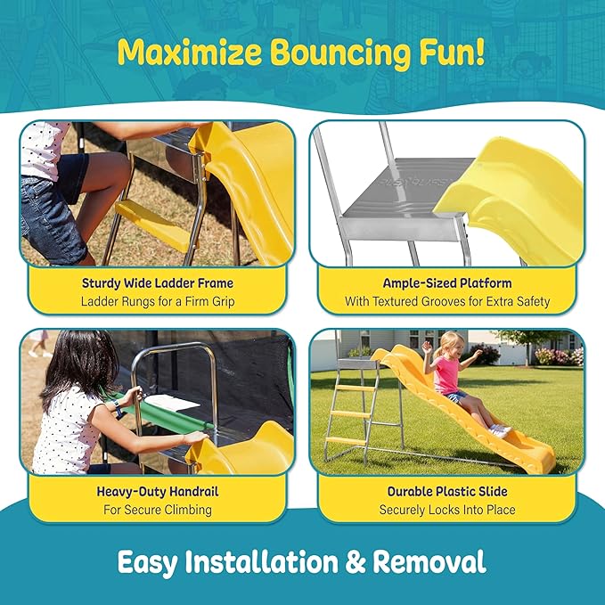 Machrus Upper Bounce Trampoline Step N Slide Attachment with Ladder and Steps, Fun Accessories, Indoor and Outdoor, for Round or Rectangle Trampolines with or Without Net, Yellow