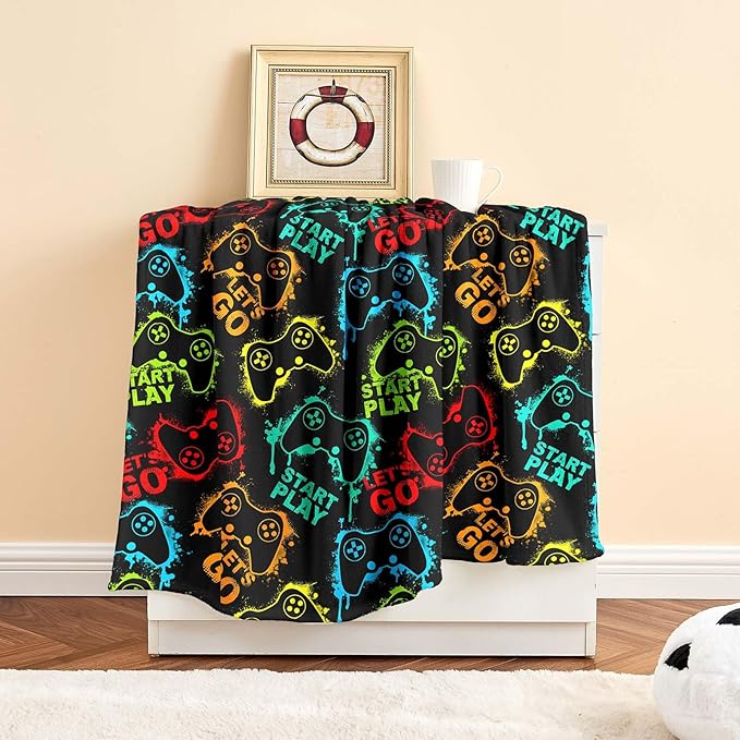 Wajade Game Blanket for Boys and Girls 3D Colorful Video Games Controller Blanket for Kids Teens Soft Warm Fuzzy Game Blanket for Couch Sofa Bed 60x80inch
