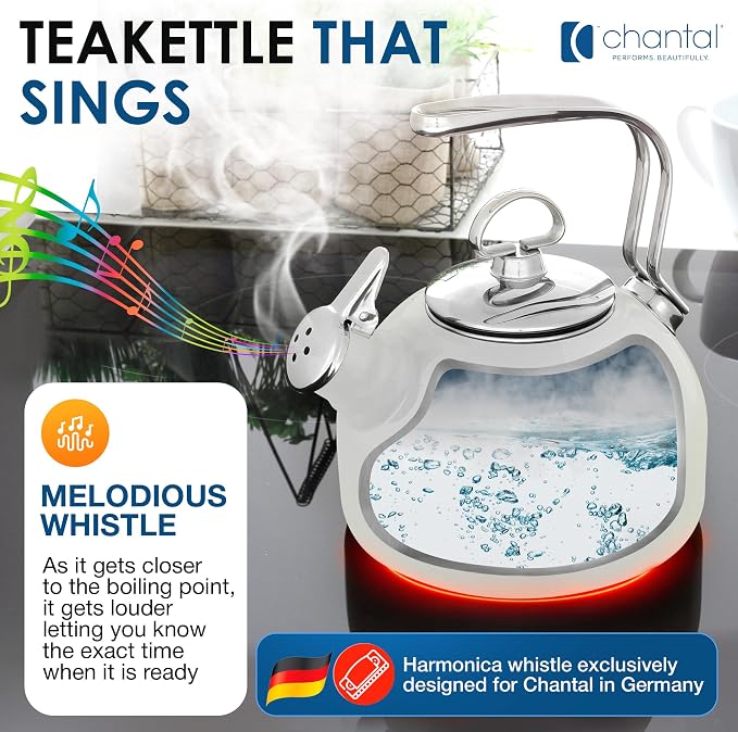 Chantal Classic Teakettle, 1.8 QT, Enamel On Steel, 2-Tone Harmonica Whistle, Rapid Boil and Even Heating (Black)