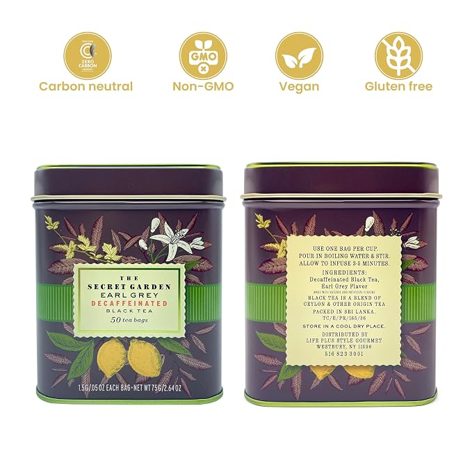 Premium Earl Grey Bergamot Decaf Tea Bags 50 Pack Designer Tin, Crafted in Sri Lanka, Naturally Decaffeinated Herbal Teabags Full Bodied Flavor, Keto. Bulk (50-Count)