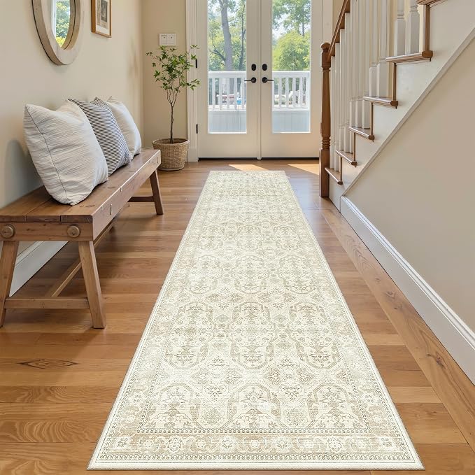 Soalmost Runner Rug 2x8 Washable Hallway Kitchen Runners Beige/Brown | Non-Slip Vintage Rugs for Bathroom Laundry Room, Soft Low Pile Foldable Floor Carpet Mat for Entryway Corridor Bedroom