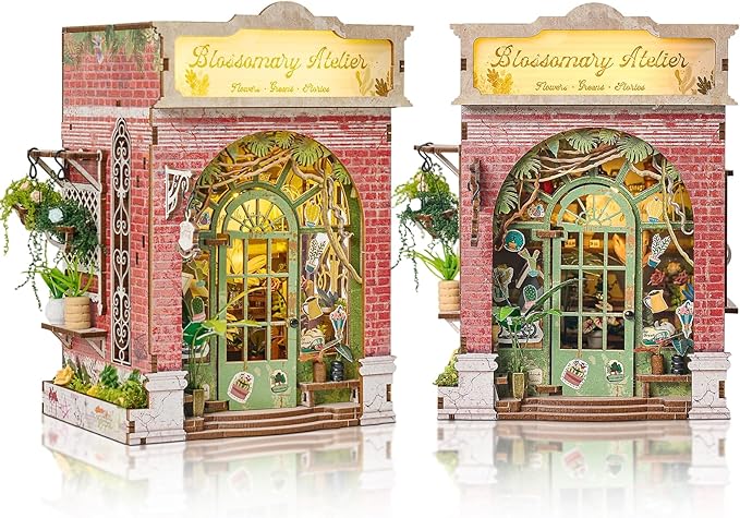 Foyucool DIY Book Nook Kit, Miniature Dollhouse Bookshelf Insert with Light, Laser-Cut Wooden Craft Set for Adults, Perfect for Teens and Adults, Blossomary Shop
