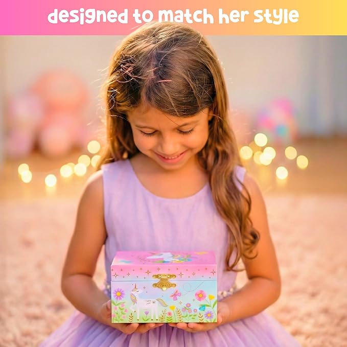 Giggle & Honey Musical Jewelry Box for Girls - Kids Jewelry Box, Unicorn Toys for Girls 4-6, Easter Gifts for Kids, 6 x 4.7 x 3.5 in