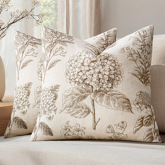 Set of 2 Decorative Floral Pillow Covers 18x18 Inch Light Brown | Neutral Hydrangea Print, Boho Vintage Throw Cushion Covers, Cottagecore Home Decor, for Sofa Couch Porch Bedroom Living Room