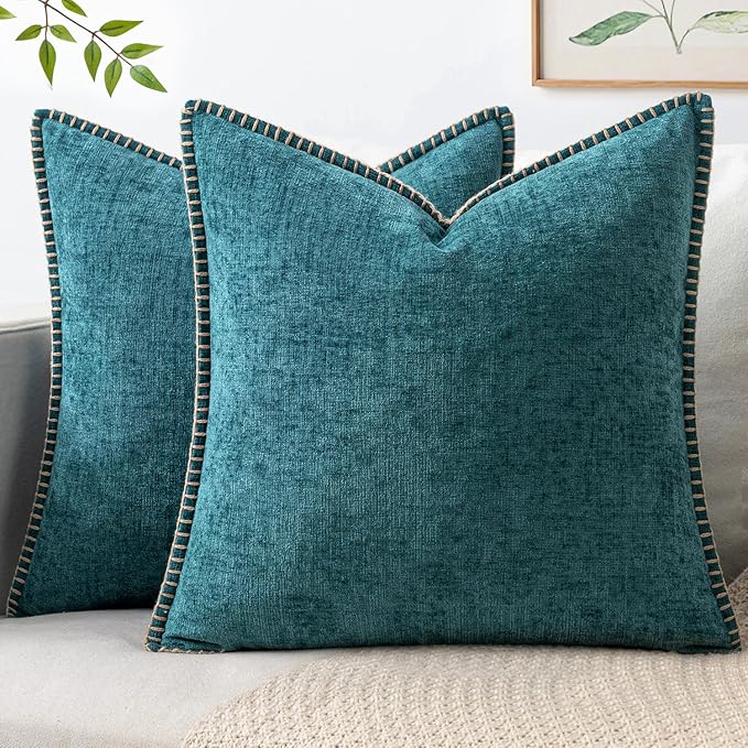 MIULEE Decorative Couch Throw Pillow Covers 18x18 Inch Dark Teal 2 Pack | Farmhouse Pillow Covers with Stitched Edge, Soft Chenille Cushion Cases, for Sofa Bed Living Room Home Decor