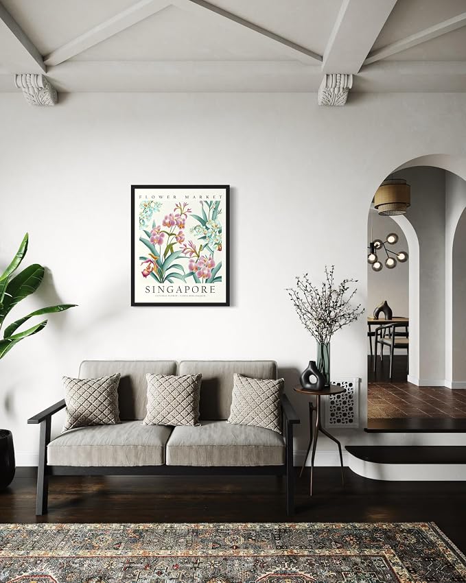 Singapore Flower Market Art Print Poster, Wall Art Floral Painting Botanical Decor for Bedroom, Kitchen, Bathroom Livingroom Decoration 82B (Singapore, 20"L x 16"W, Black Frame)
