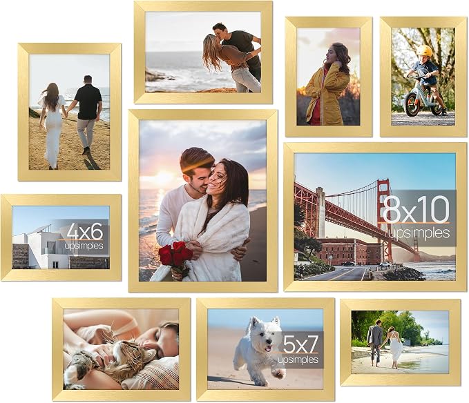 upsimples 10 Pack Picture Frames Collage Wall Decor for Mounting or Tabletop Display, Photo Gallery Frame Set for Family, Multi Sizes Including 8x10, 5x7, 4x6, Gold | Multi Picture Frames Collage Wall Decor, Gallery Wall Frame Set, Gift For Christmas, ...