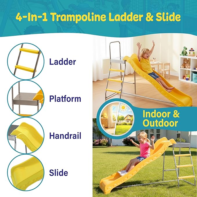 Machrus Upper Bounce Trampoline Step N Slide Attachment with Ladder and Steps, Fun Accessories, Indoor and Outdoor, for Round or Rectangle Trampolines with or Without Net, Yellow