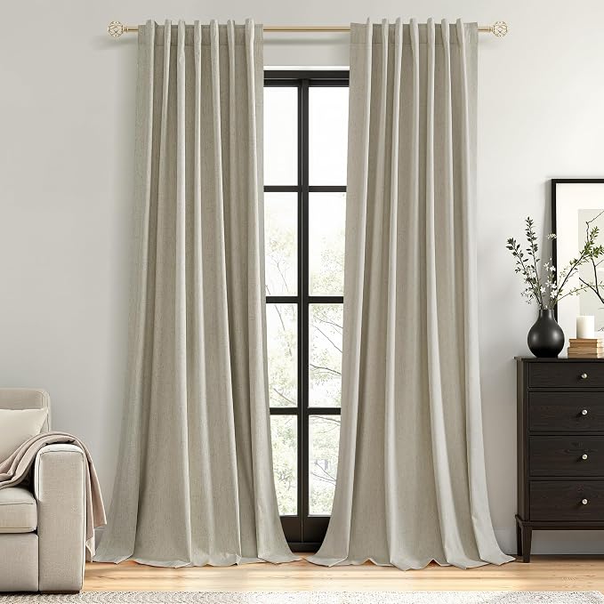 Guken 100% Blackout Linen Curtains for Bedroom 84 inches Long, Thermal Insulated Room Darkening Black Out Drapes for Living Room, Back Tab Rod Pocket 2 Panels Set,Ecru,52x84