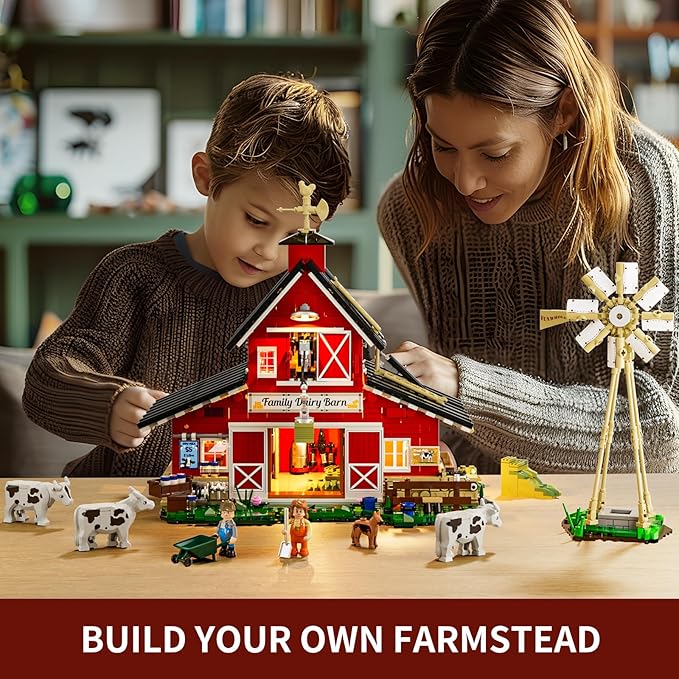 FUNWHOLE Farm Cow-Barn Lighting Building-Bricks Set - Farm Life Cow Barn House Collection LED Light Building Construction Set 1368 Pcs for Adults and Teen