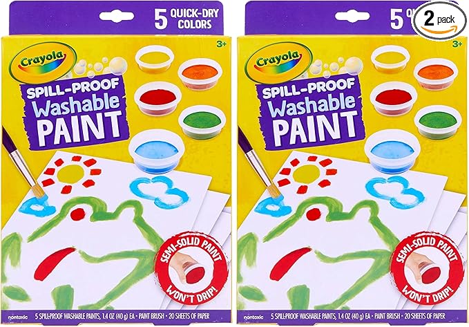 Crayola Spill Proof Paint Set - Toddler Stocking Stuffer, Washable Paint for Kids, Includes Paint Brush & Paper, No Drip, Less Mess Arts & Crafts, Ages 3+ (Pack of 2)