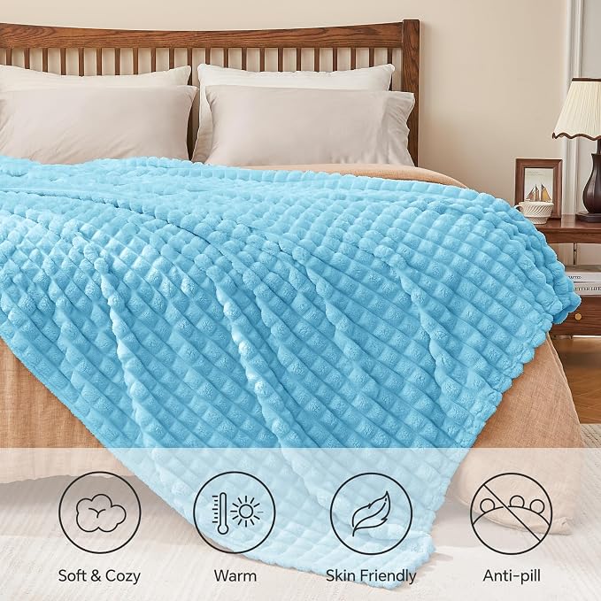 BEDELITE Light Blue Checked Fleece Twin Throw Blanket for Bed, 60x80 Inch | Soft Warm Fuzzy Fluffy Blanket for Couch Sofa, Lightweight Plush Cozy Throws for Home Room Decor, Gift for Women, All Season