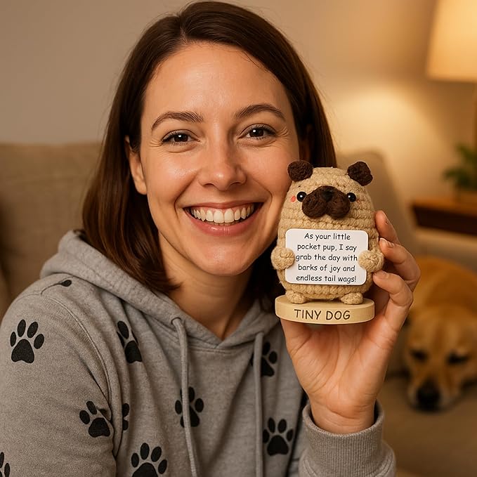 Dog lover Gifts for Women - Handmade Positive Crochet Animal with 30 Uplifting Signs from Your Best Friend - Funny Birthday Gifts for Dog Mom - Cute Funny Present Idea for Birthday, Christmas