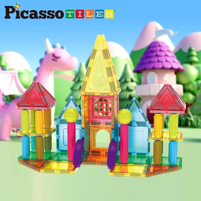 PicassoTiles 82 Piece Magnetic Sticks and Magnet Tiles Construction Building Block Toys for Toddlers, STEM Learning Toy Magnets Balls and 3+ Years Old for Boys Girls Kids Children Early Educational