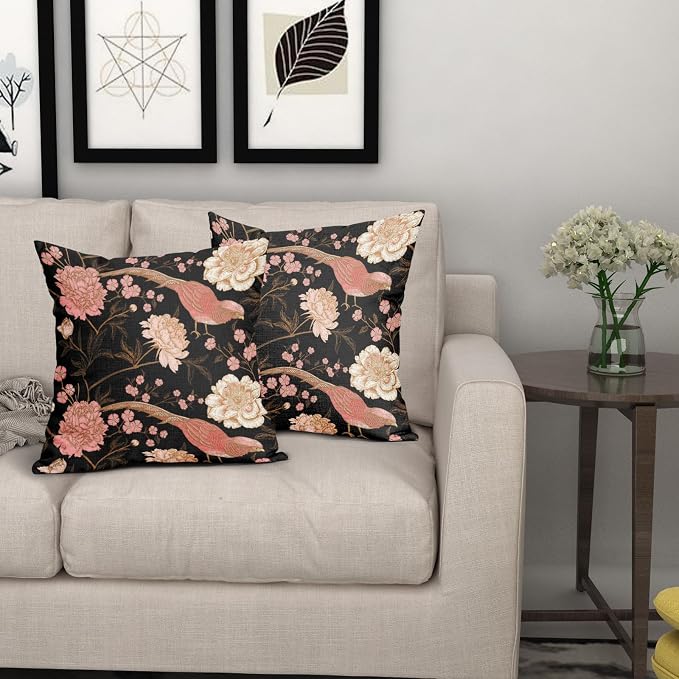 Flowers Birds Leaf Pillow Covers 16X16 Inch Set of 2 Pink White Roses Floral Decorative Pillow Cases Art Retro Black Gold Cotton Linen Cushion Case Vintage Home Decor for Sofa Couch Porch Outdoor