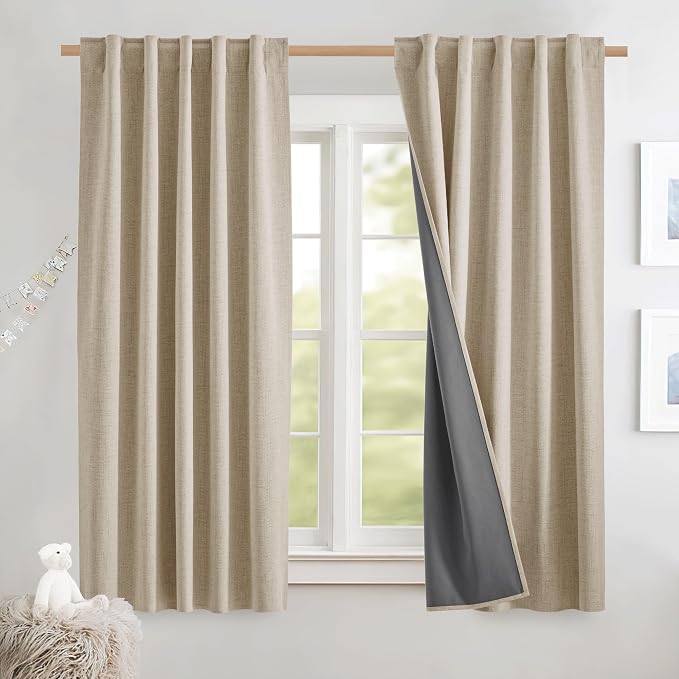 NICETOWN 100% Blackout Curtains 63 inch Length, Beige Short Curtains with Grey Liner, Rod Pocket & Back Tab Thermal Insulated Flax Textured Window Draperies for Kitchen (2 Panels, 42" W by 63" L)
