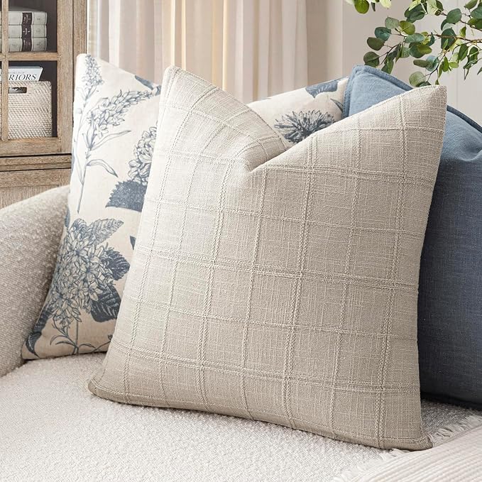 Foindtower Set of 2 Decorative Linen Check Throw Pillow Covers Neutral Farmhouse Vintage Cushion Covers Modern Boho Accent Home Decor for Sofa Chair Couch Bedroom Living Room,26×26 Inch,Light Grey
