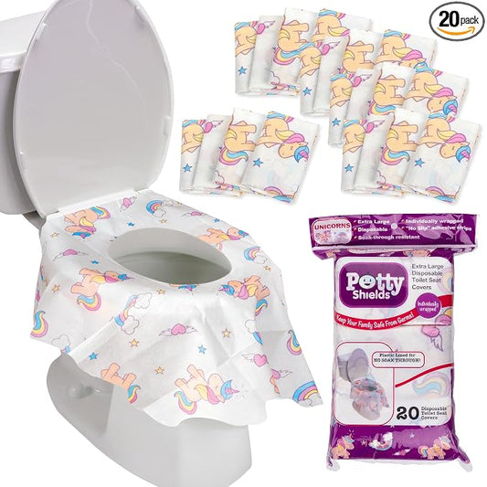 Potty Shields Toilet Seat Covers Disposable (20 pk, Unicorns) - XL Waterproof Toilet Cover for Toddlers, Kids & Adults - Portable & Individually Wrapped for Travel, Potty Training, Public Restrooms