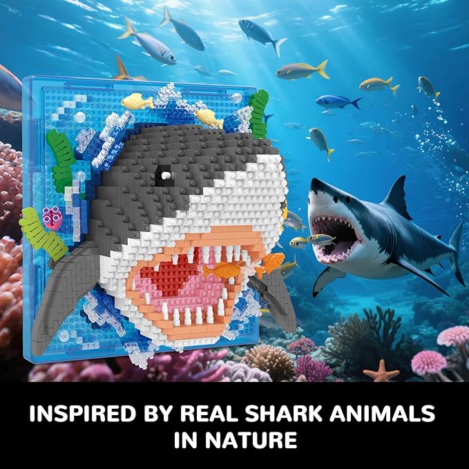 Shark Animal 3D Wall Art Micro Mini Building Blocks Set, Unique Home Wall Decor or Table Display, No Compatible with Lego Set, Ideal Gift Toy for Adults Boys Girls (1644 PCS)