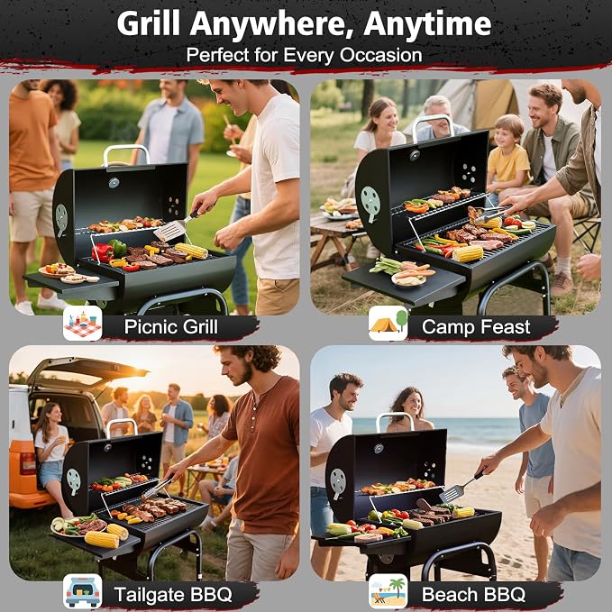 Barrel Barbecue Charcoal Grill: Premium Spacious Outdoor BBQ Grill | with Side Table - Ideal for Patio Cooking Backyard Grilling Camping Picnics Tailgating Parties